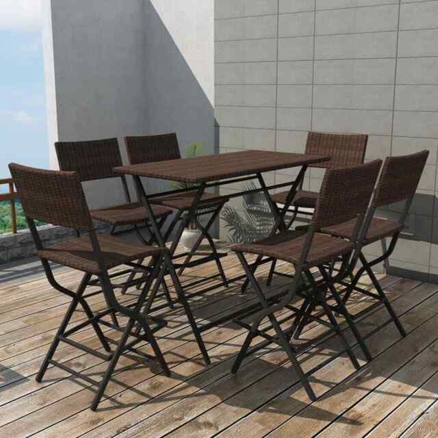 7 Piece Folding Outdoor Dining Set Steel Poly Rattan Brown Vidaxl