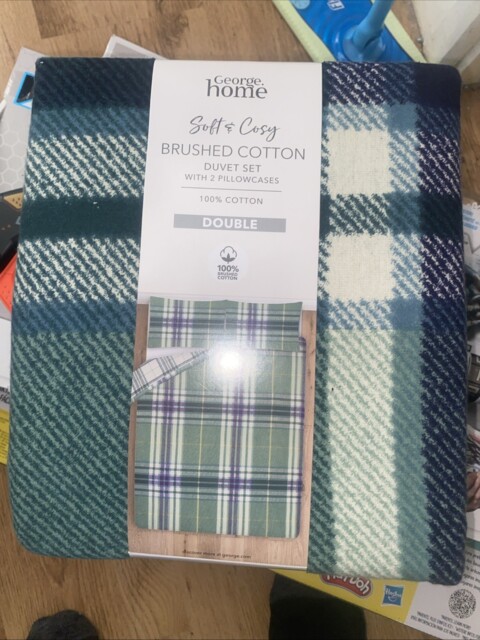 George Home Soft & Cosy Tartan Brushed Cotton Double Duvet Set - Green