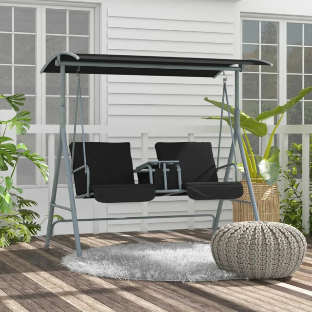 2 Seater Garden Swing Chair With Tilting Canopy Padded Seats Storage