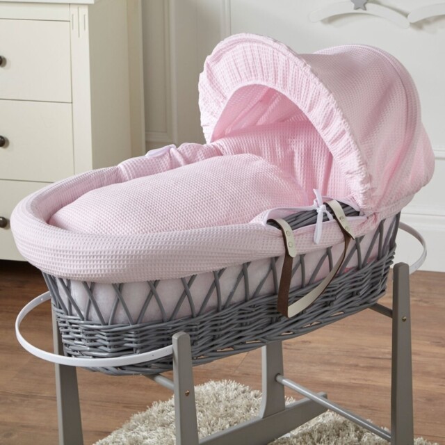 Moses Basket Baby Grey Wicker With Grey Rocking Stand – Pink Waffle