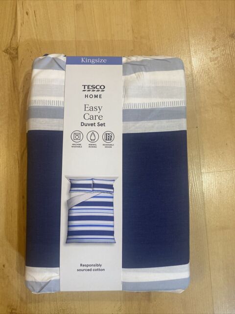 Easy Care Kingsize Duvet Set Reversible Blue Stripes 230x220cm