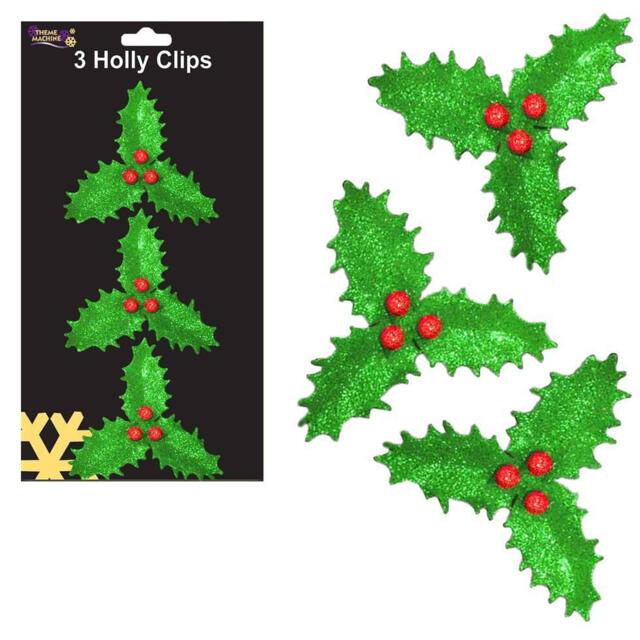 Christmas Pack Of 3 Glitter Holly Decorations With Ties - Green