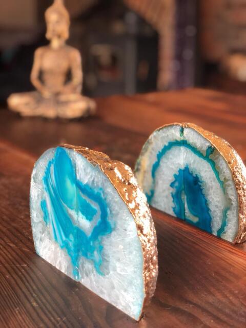 Teal Agate 24ct Gold Edge Microcrystalline Quartz Premium Bookends