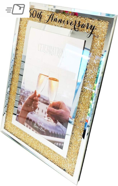 50th Wedding Anniversary Photo Frame Golden Mirror Glass Crystal