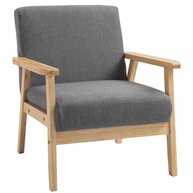 Accent Chair With Wood Frame Wide Padded Sturdy Durable Seat Linen