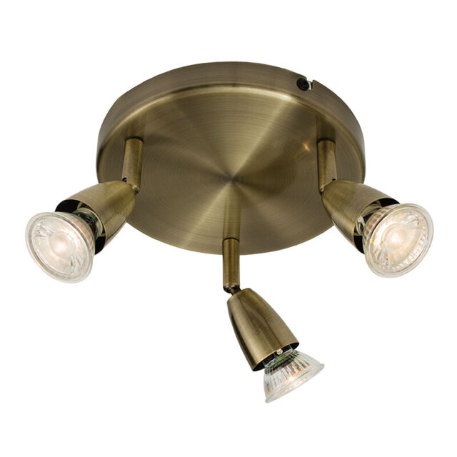 Antique Brass Triple Gu10 Spotlight Ceiling 3 Way Round Plate Halogen