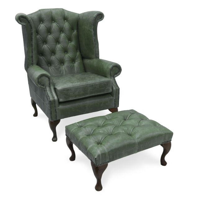 Chesterfield Queen Anne High Back Wing Chair &footstool In Vintage