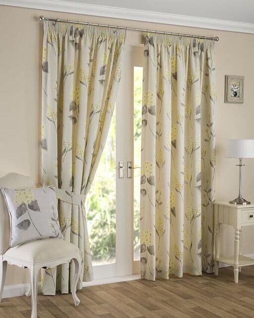 "Sundour Ochre Grey Floral Curtains Hydrangea Country Cottage Lined 66"""