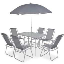 Garden Dining Set 6pc Grey 80cm Glass Table Textilene Chairs &