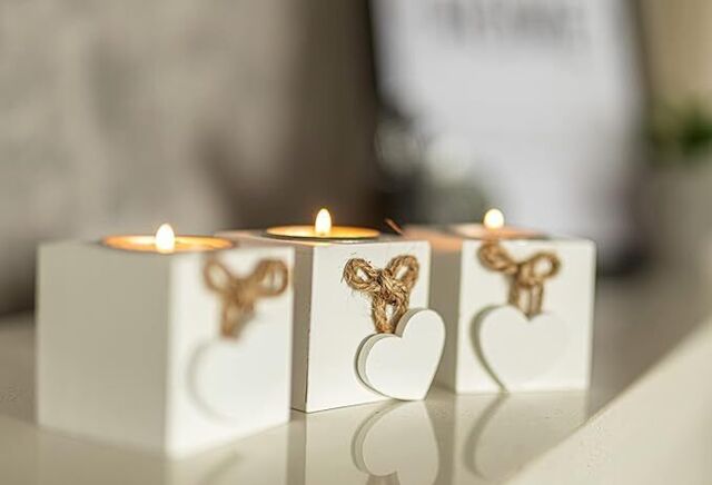 White Wooden Love Heart Box Shabby Chic Tealight Candle Holders Rustic