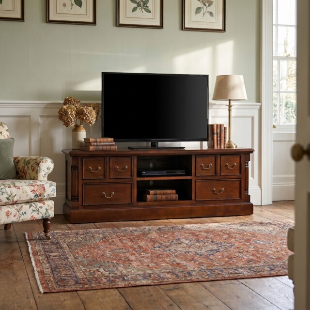 Mahogany Wide Screen Tv Unit With Six Drawers- Solid Mahogany Wood
