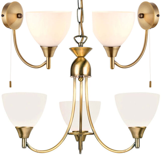 3 Lamp Ceiling & 2x Wall Light Pack Antique Brass Glass Matching