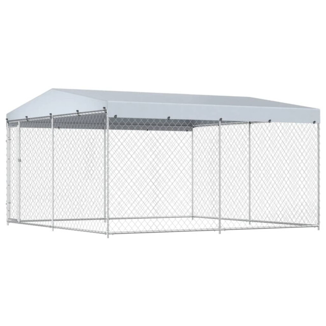Dog Kennel Galvanised Steel 382x192x225cm Outdoor Enclosure W/ Canopy