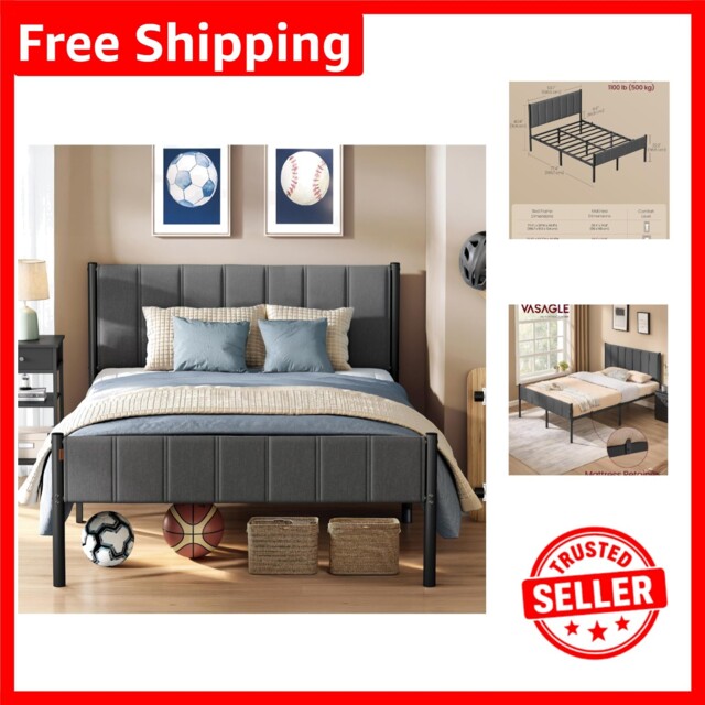 Slate Grey Double Bed Frame With Cozy Upholstered Headboard -