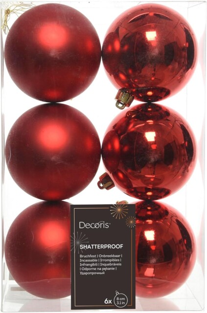 Christmas Baubles, Shatterproof, Matte & Shiny Red, 02.2052