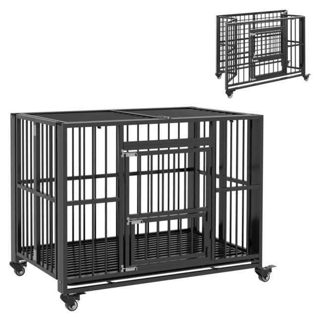 "Pawhut 43"" Foldable Heavy Duty Dog Crate With Locks, Removable Tray,"