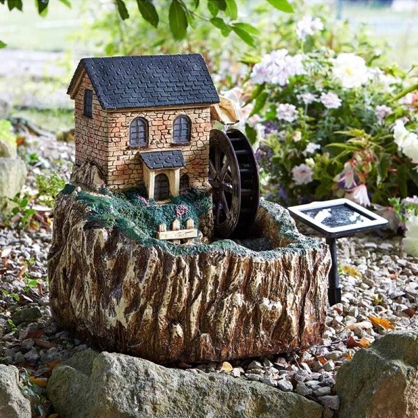 Solar Led Water Feature Fountain Mill Wheel Garden Outdoor Light Decor