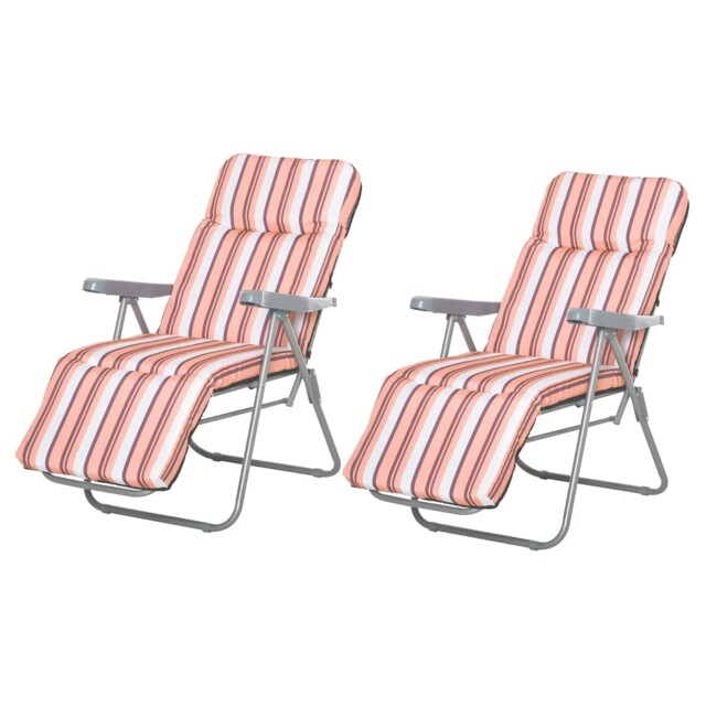 Set Of 2 Adjustable Sun Lounger Recliner Reclining Seat Orange/white