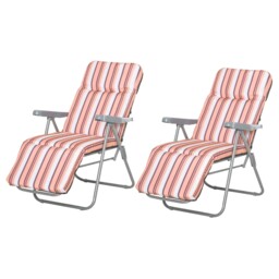 Set Of 2 Adjustable Sun Lounger Recliner Reclining Seat Orange/white