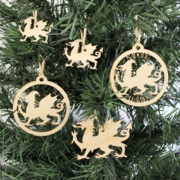Welsh Dragon Baubles - Decoration Wooden Hanging Tree Xmas Cymru