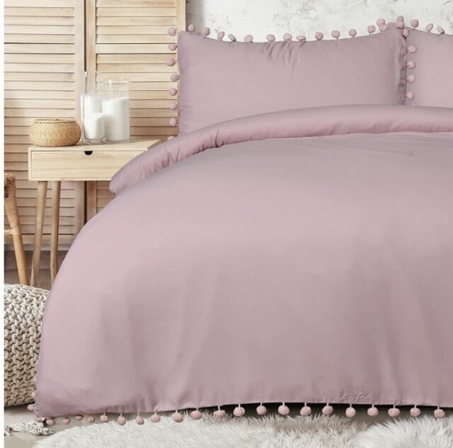 Sleepdown Blush Pink King Size Duvet Cover Set Soft Touch Pom Pom