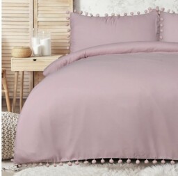 Sleepdown Blush Pink King Size Duvet Cover Set Soft Touch Pom Pom