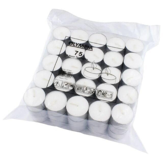 Olympia Tealights White Wax Candles 8 Hour Mood Lighting 75 Pack
