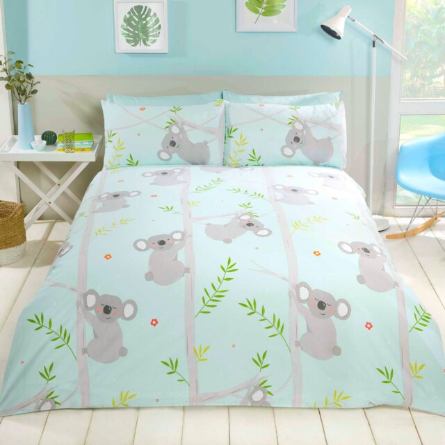 Koala Fun Single Duvet Cover Set Blue / Grey Kids Bedding Trees