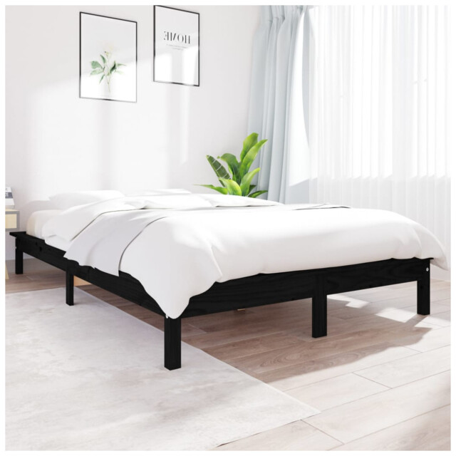 Bed Frame Solid Pinewood Black 160x200 Cm Modern Minimalist Slatted