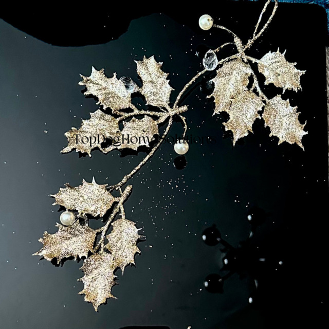 Light Gold Hanging Holly Decoration Christmas 28cm Xmas Pearl &