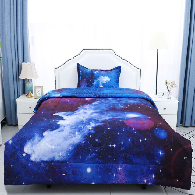 Twin All-season Quilted Comforter Reversible Galaxies Dark Blue W 1