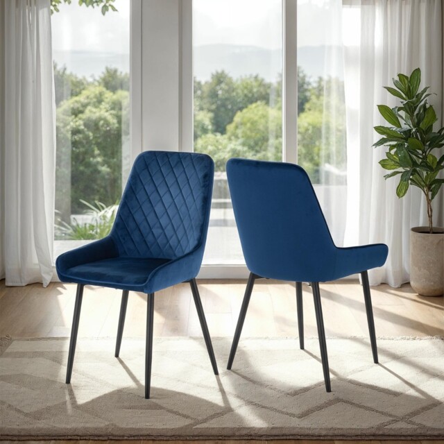 Avery X2 Blue Velvet Dining Chairs Quilted Back Black Metal Legs