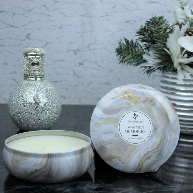 Summer Memories Scented Woodbridge Marble Candle Tin Jar Fragrance