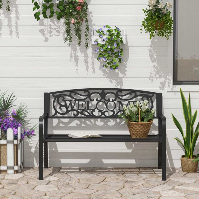2 Seater Metal Garden Bench Loveseat Outdoor Park Porch Chair W/