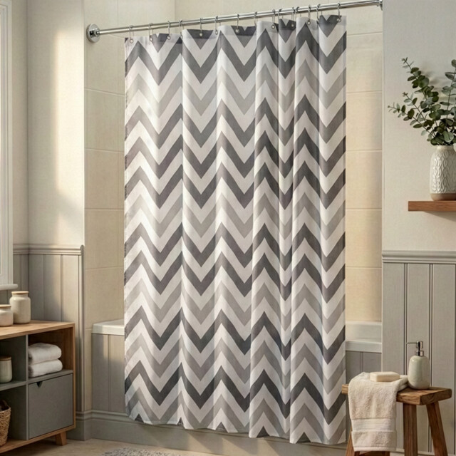 Croydex, Grey Chevron Textile Shower Curtain 1800mm X 1800mm, 100%