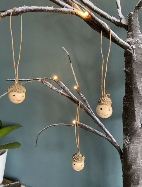 Set 6 Wood Mini Acorn Heads Men Christmas Tree Decoration Autumn