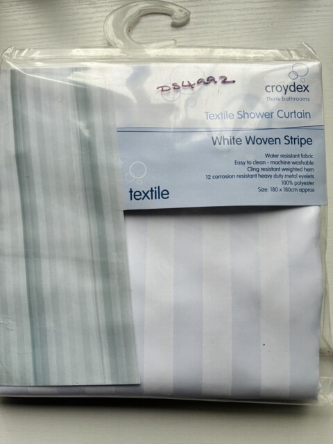Croydex, White Woven Stripe Water-resistant Textile Shower Curtain