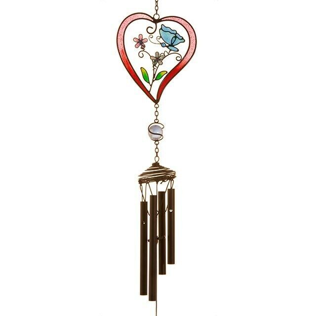 Red Heart & Butterfly Windchime Resin Metal Home Garden Hanging