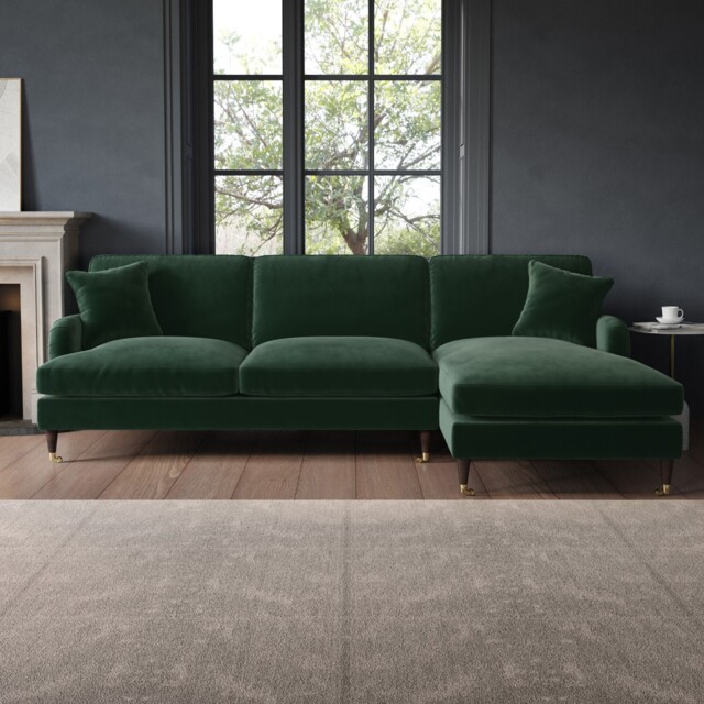 Green Velvet L Shaped Sofa 3 Seater Right Hand Facing Saddle Arms