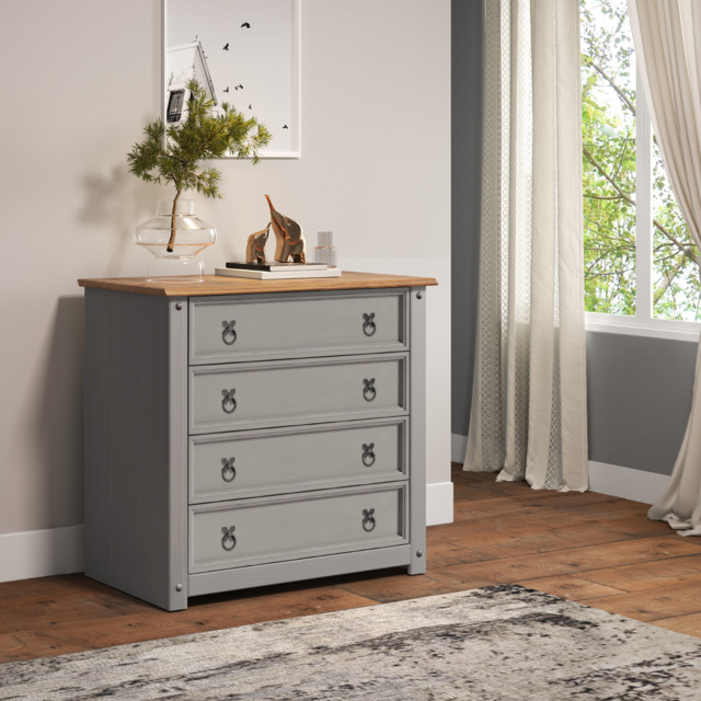 Corona Chest Of Drawers 4 Drawer Grey Painted Wax Small Solid Wood