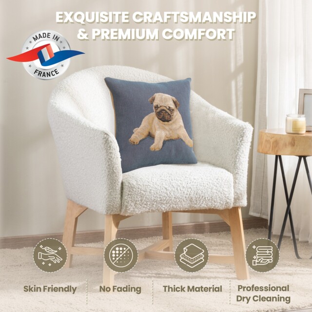 Throw Pillow Cover – Pug Puppy In Blue - Tapestry Woven Cushion Cover