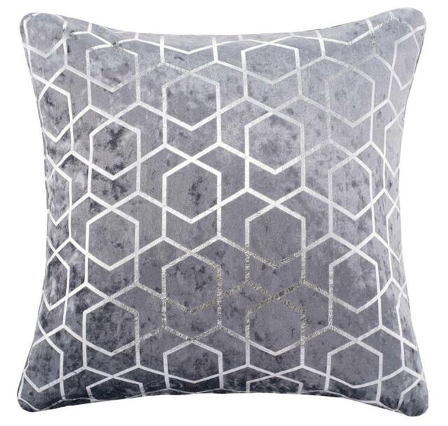 Silver & Grey Sparkle Metallic Foil Velvet Geometric 18 Inch Cushion