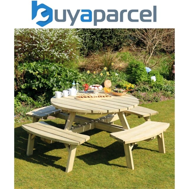 Zest Rose Round Wooden Picnic Table Garden Bench Seat Pefc 8 Seater