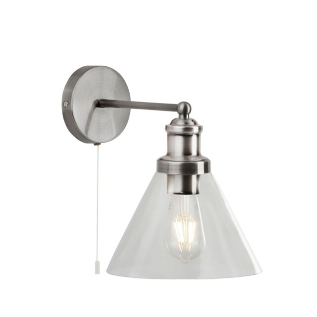 Wall Light Satin Silver Clear Glass Shade E27 Dimmable Indoor 60w Ip20