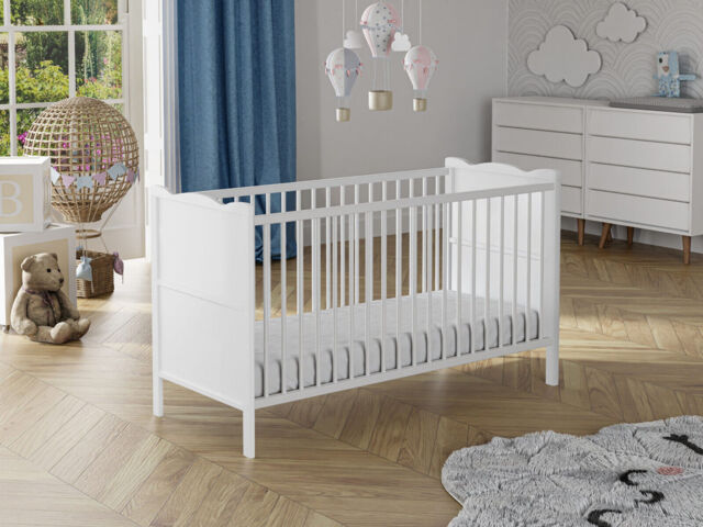 White Baby Cot Bed 120x60cm & Cotbed & Foam Mattress,converts Into A