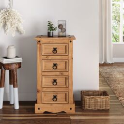 Corona Bedside Table Cabinet 4 Drawer Narrow Solid Wood Mexican Pine