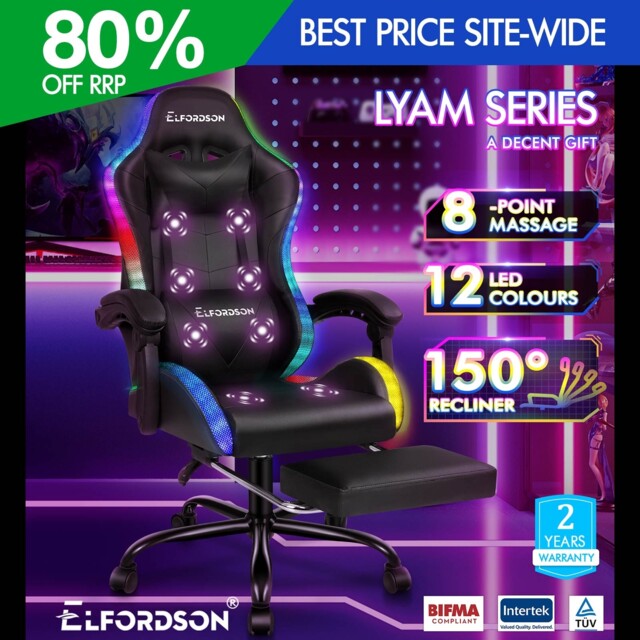 Elfordson Gaming Chair Massage Rgb Led Recliner Swivel Footrest