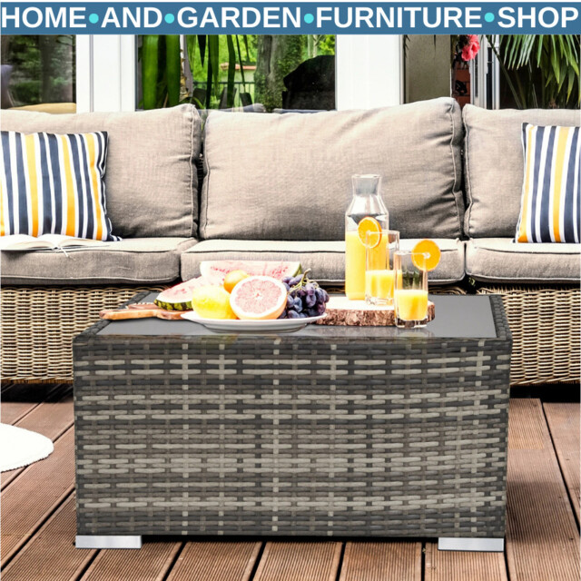 Wicker Patio Coffee Table W/ Glass Top Outdoor Garden Furniture For