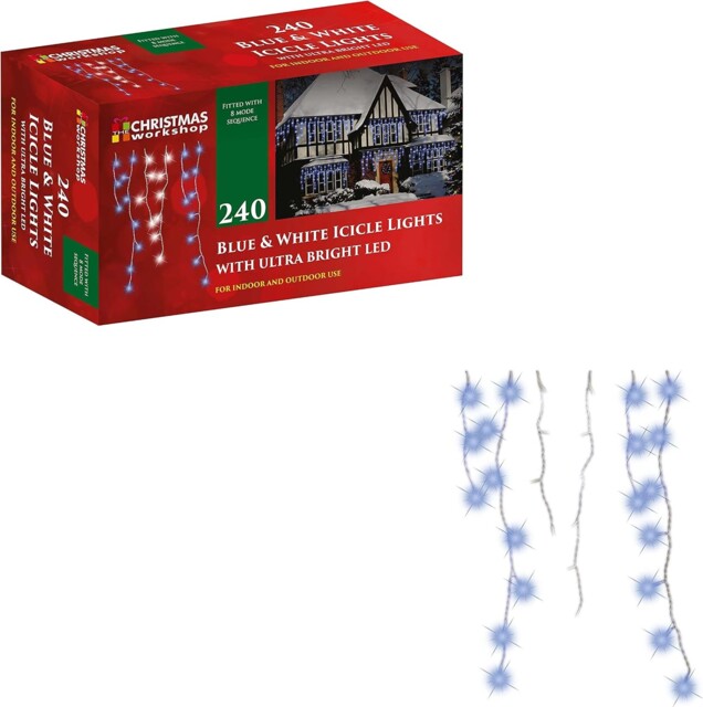 240 Icicle Led Lights - 5.6m Blue & White Outdoor Decoration, 8