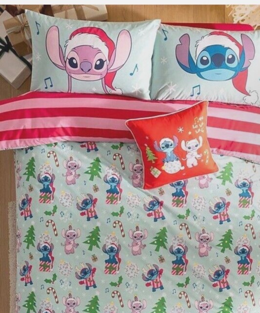 Disney Stitch & Angel Christmas Candy Striped Reversible Xmas Duvet